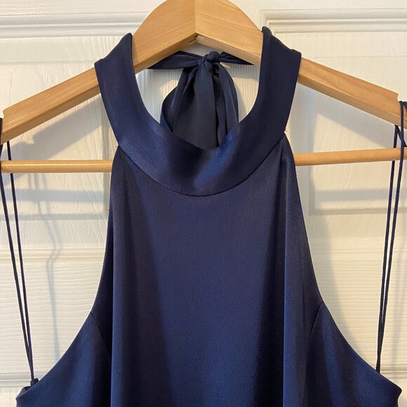 Alice + Olivia LIKE NEW Regina Satin Tieneck Halter Dress in Navy Blue - Picture 7 of 12